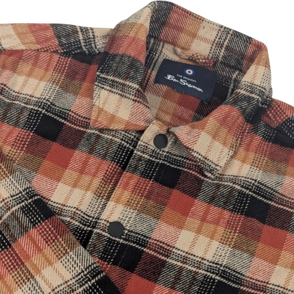 Ben Sherman Mens Plaid Cotton Button Down Shirt Orange Brown Long Sleeve Large